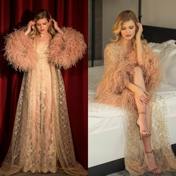 

gorgeous illusion night robe long sleeve feathers party sleepwear custom made luxury nightgowns robes with belt, White