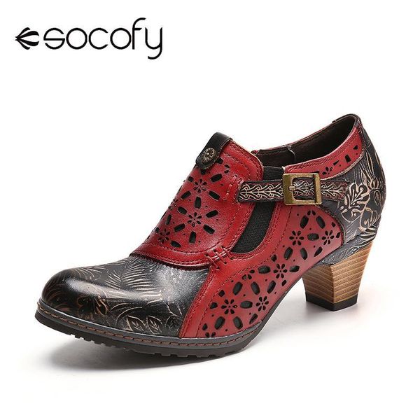 

socofy retro boots embossed genuine leather splicing hollow zipper pumps ladies shoes women botines mujer 2020 t200525, Black