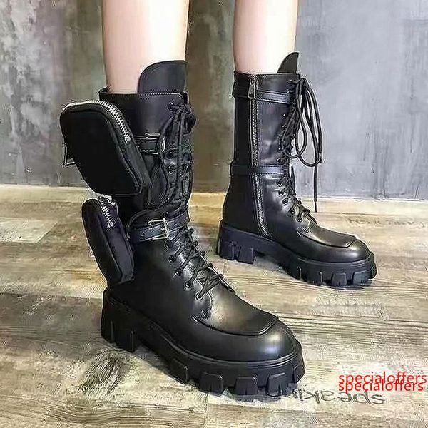 

sell like cakes autumn and winterpradanew muffin thick-bottomed tube martin boots military boots leather locomotive lace-up booties, Black