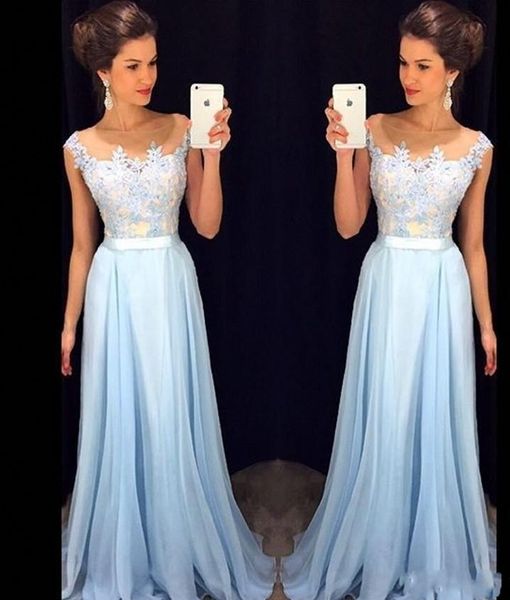 

elegant light sky blue prom dresses sheer neck cap sleeves appliqued chiffon floor length formal dresses modest evening gowns hy4099, Black