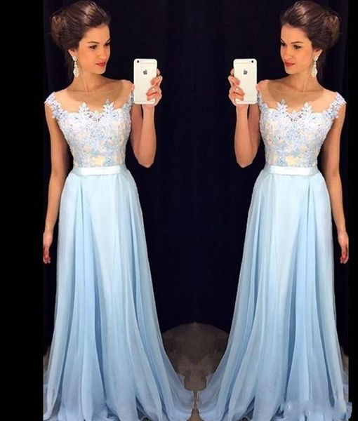 Eleganti abiti da ballo azzurri con collo trasparente e maniche ad aletta con applicazioni in chiffon, lunghezza del pavimento, abiti da cerimonia, abiti da sera modesti HY4099