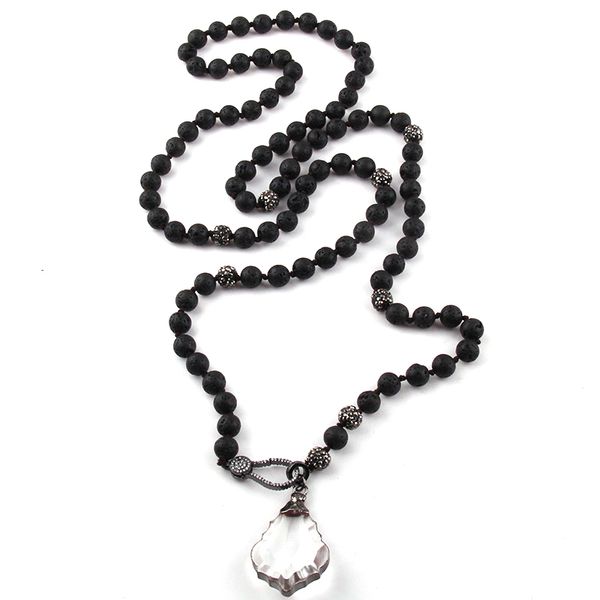 

fashion 8mm long knotted natural stone black gun zircon pave lobster clasp crystal pendant necklace for women jewelry, Silver