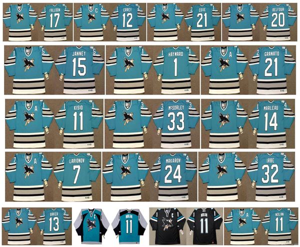 

vintage san jose sharks jersey 24 sergei makarov 7 igor larionov 11 kelly kisio 33 marty mcsorley 14 marleau 15 craig janney ccm hockey, Black;red