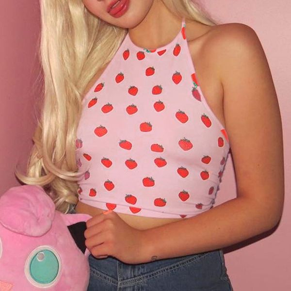 

tank cute pink sleeveless halter vest camisole strawberry print fashion, White