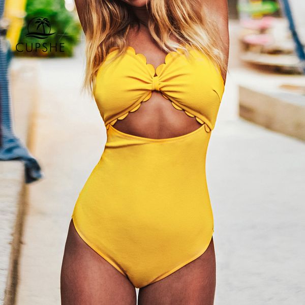 

cupshe solid yellow scalloped вырез холтер цельный купальник женщин сексуальное backless монокини 2020 пляж купальники купальники, White;black