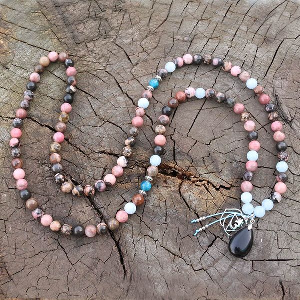 

8mm black line rhodrochrosite,apatite,obsidian pendant,japamala ,namaste yoga jewelry, buddhist mala prayer bead, 108 mala beads, Silver