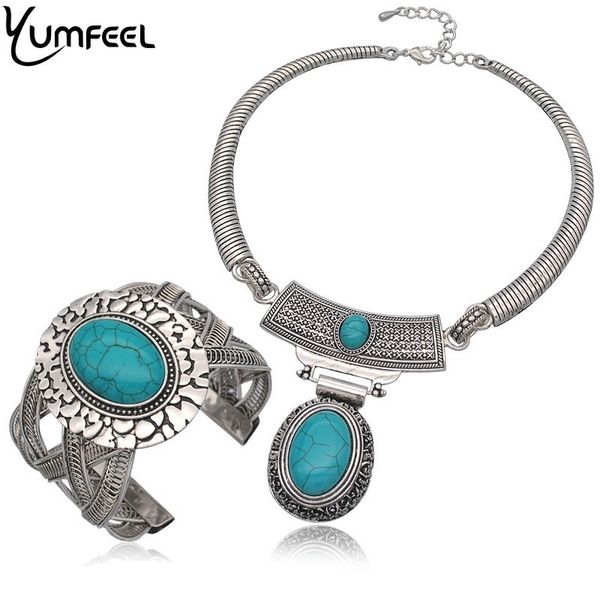 

yumfeel new arrive vintage silver color metal with synthetic stone cuff bracelet choker necklace jewelry set