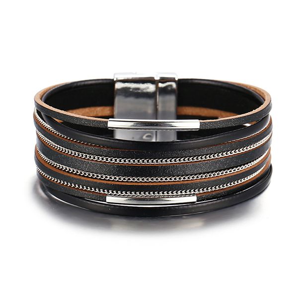 

8seasons черный творческий ретро простой цепи металлической полосы магнитная пряжка кожаный браслет, 1 шт, Black