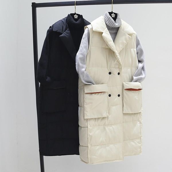 

women big pocket warm thick long vest turn-down collar female winter cotton padded vest pockets sleeveless waistcoat vests, Black;white