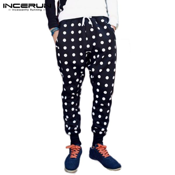 

incerun fashion polka dot print men harem pants joggers elastic waist casual streetwear workout sweatpants men pockets trousers, Black