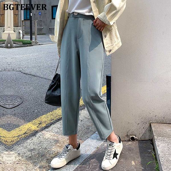 

bgteever ladies straight leg trousers high waist pockets solid harem pants 2020 summer women suit pants loose pantalon femme, Black;white