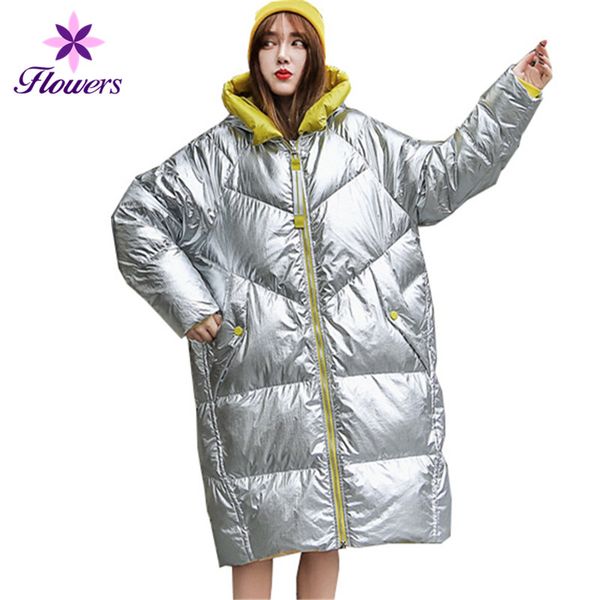 

flowers new winter jacket women clothes plus size hooded long sleeve silver over the knee cotton thick warm long coat female, Black