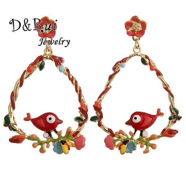 

new korean summer dangle women earings vintage enamel bird gold alloy flower hanging drop earring fashion woman earrings 2019, Silver