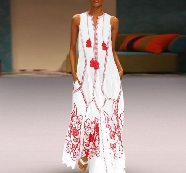 

calofe white summer beach платье женщины плюс размер 2020 мода красного хлопка boho платье без рукавов печатных длинных maxi, Black;gray