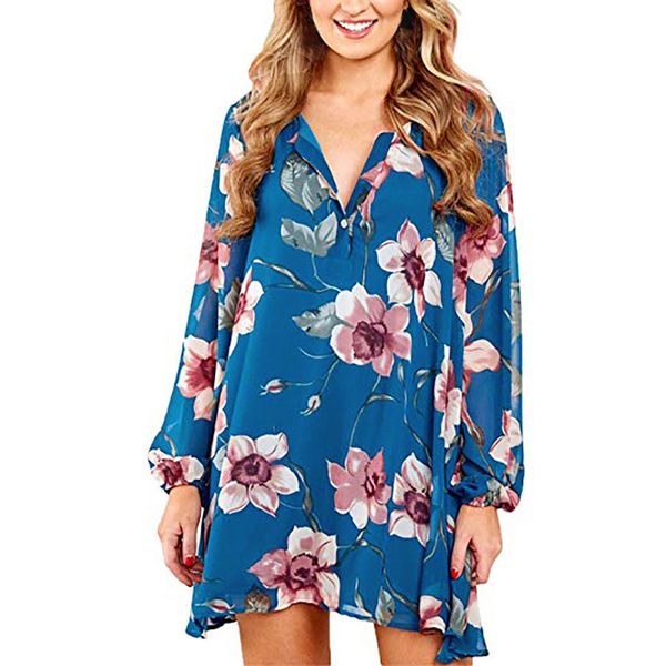 

women casual bohemian floral printing dresses v neck long sleeve ladies mini dress beach dress 2019 new arrival, Black;gray