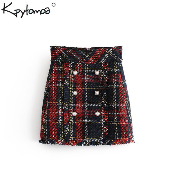 

vintage faux pearl fringe tweed plaid mini skirt women 2019 fashion a line back zipper tassel ladies skirts casual faldas mujer, Black