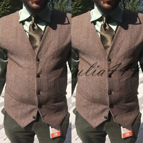 2019 Country Wedding Vests Brown Wool Herringbone Tweed Groom