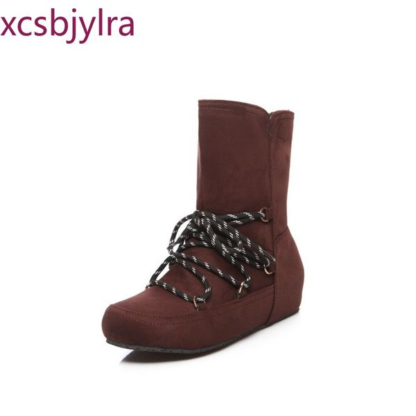 

raise snow boots in autumn and winter non-slip sole women's boots mid thick plush red wine plus size 34-43, Black