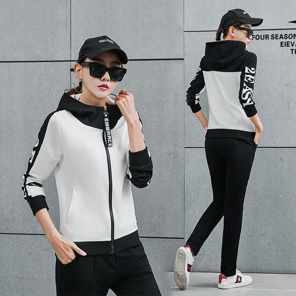 

autumn women sport suit tracksuits letter printed hoodie jacket sweatshirt+pant casual jogger running outfit set sports wear, Black;blue