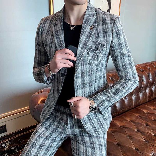 

plaid man suit slim fit 2 piece set (blazer + pants) wedding suits for men groom tuxedos office business suit set costume homme, White;black