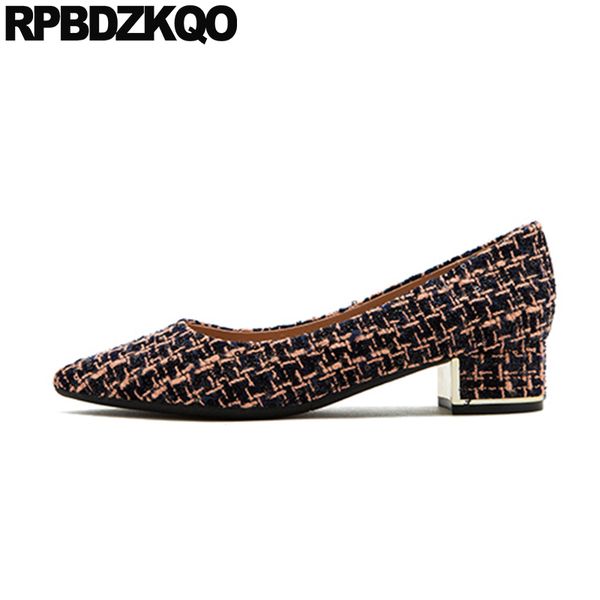 

slip on black brown block pumps ladies low heels shoes italian pink chunky pointed toe thick 2019 big size