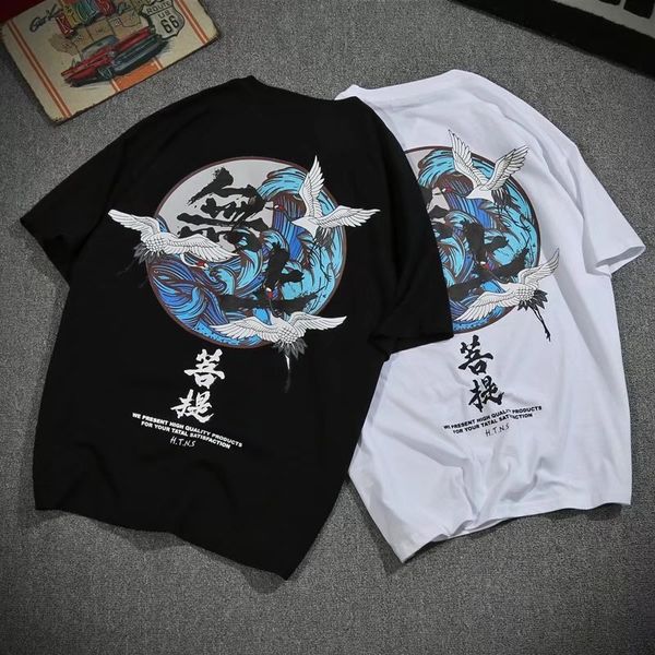 

tide brand man t shirt chinese style printing round neck short sleeve black t-shirt men's national tide white shirt tide tee, White;black