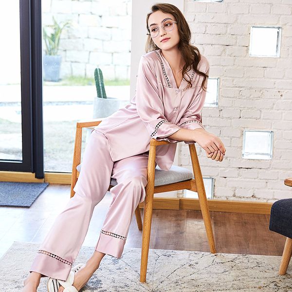 

spring new pajamas 2018 brand women pyjamas home suits satin silk v neck sleepwear full sleeve long pants pajama set spring, Blue;gray