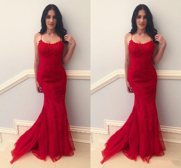 

2019 new fashion red mermaid prom dresses spaghetti satin lace applique flowers sleeveless sweep train evening gowns arabic dresses, Black