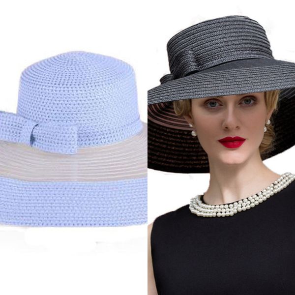 

wholesale black sky blue summer sun hat women large wide brim wedding fedora with bowknot vintage church derby straw hat bone feminino, Blue;gray
