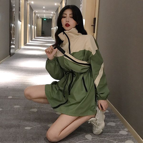 

new spring coat female jacket bump color stitching turtle neck relaxed recreational dust coat pockets, Tan;black