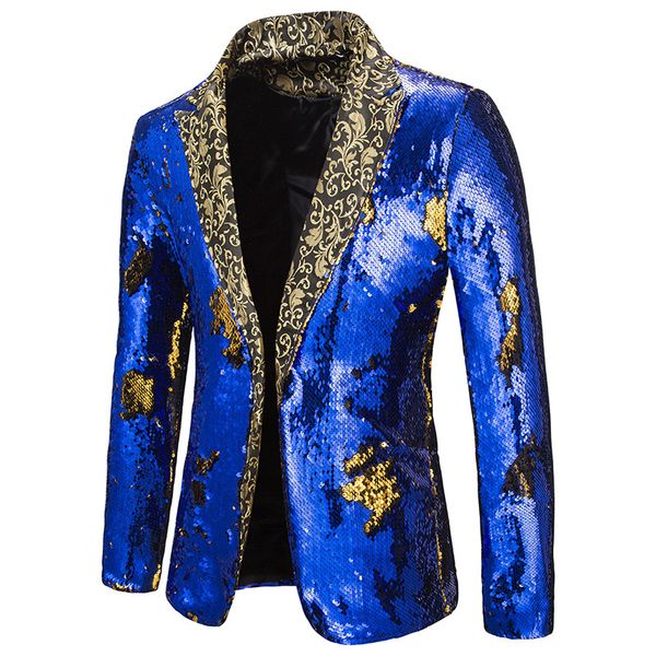 

royal blue sequin gliiter suit jacket men slim fit single button nightclub party prom blazer men stage costumes for singers, White;black