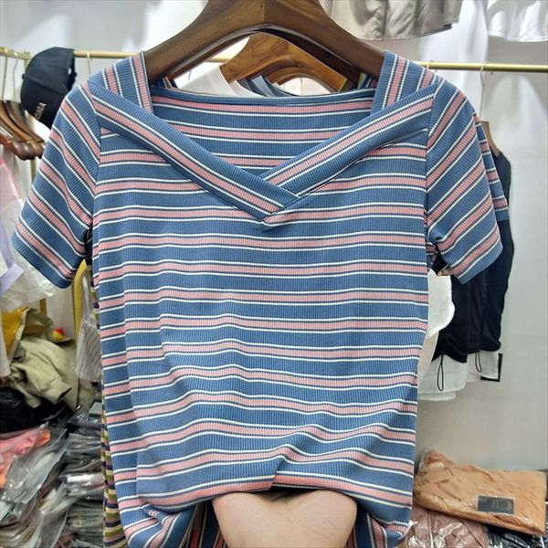 

2020 women's v-collar striped short-sleeved heart machine ins slim color strip half-sleeve type t-shirt t-shirt top, White