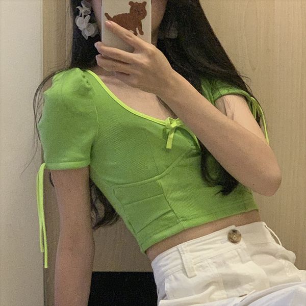 

simple all-match t-shirt scheming big round collar bow waist t-shirt female green navel short sleeve top, White