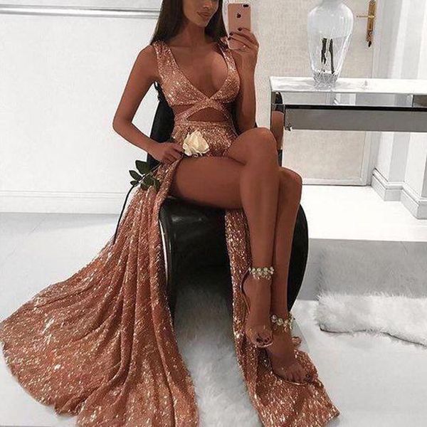 

rose gold sequins a line long prom dresses 2019 lace up back floor length gowns high split party wear, Black