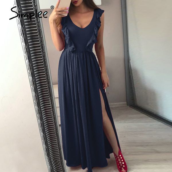 

simplee pleated red long women dress ruffles o neck split maxi summer dress 2019 elegant female club vestidos de fiesta, Black;pink