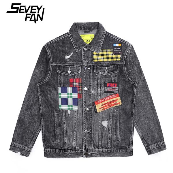 

seveyfan men's vintage plaid patchwork denim jackets distressed ripped denim jackets hip hop coat streetwear male, Black;brown