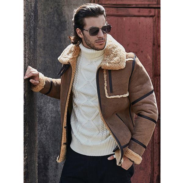 

2019 new mens b3 shearling jacket sheepskin coat mens short leather jacket winter coats fur coat, Black