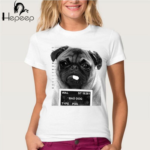 

new 2017 summer bad dog pug design t shirt women's french hipster tees, White
