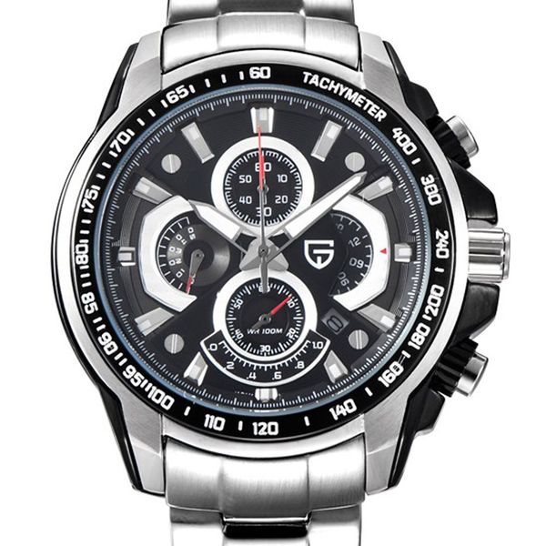 

45 мм pagani дизайн дата черный циферблат секундомер chronograph кварцевый мужские часы из нержавеющей стали многофункциональные моды спорти, Slivery;brown