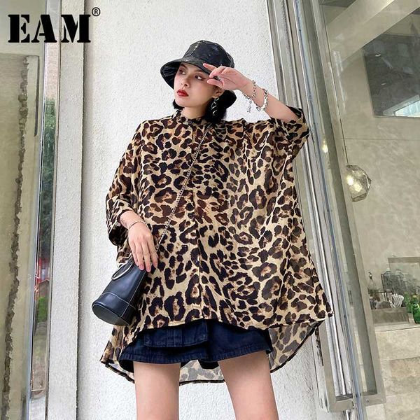 

eam] women leopard printed thin big size chiffon blouse new stand collar loose fit shirt fashion spring summer 2020 1u011, White