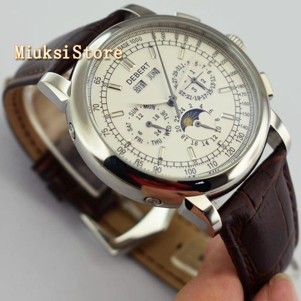 

men's luxury brand debert 42mm white dial silver case automatic date day leather sport watch 2481, Slivery;brown