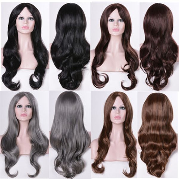 

5 цветов женский термостойкий синтетический парик женский длинный вьющийся черный / коричневый / золотой / серый парик волна волос косплей е, Black