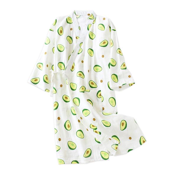 

fresh sweet avocado summer 100% cotton japanese kimono robes for women long sleeve women robes cute cartoon bathrobes, Black;red
