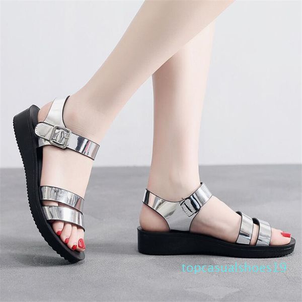 

patent leather wild sandals women's summer new flat bottom flat heel fashion comfortable mother shoes platform sandals, Black