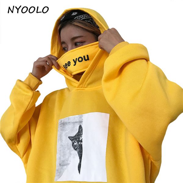 

nyoolo autumn winter hoodies special design see you mask cat print pullovers hooded sweatshirt women/men clothing, Black