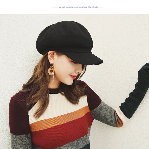 

fashion women's wool beret hat british style retro solid color octagonal hat female winter thick warm visor, Blue;gray