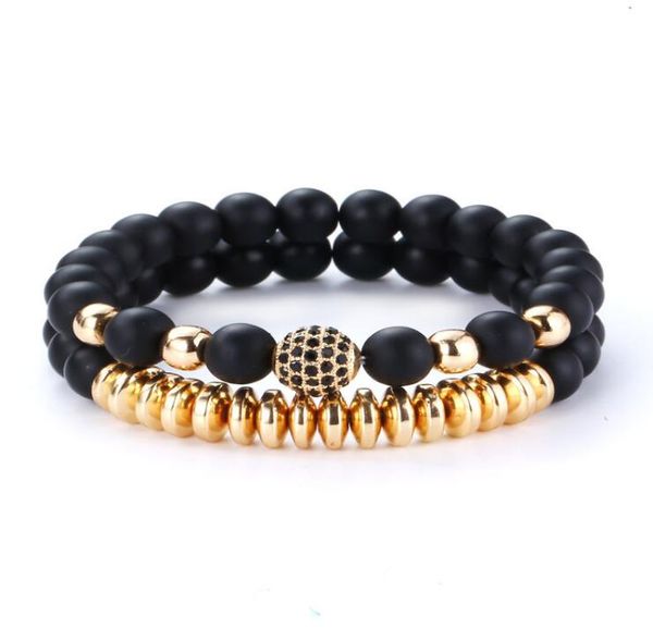 

2 pcs set natural lava rock stone essential oil diffuser bracelet elastic yoga agate beads healing energy gemstone bangle, Black