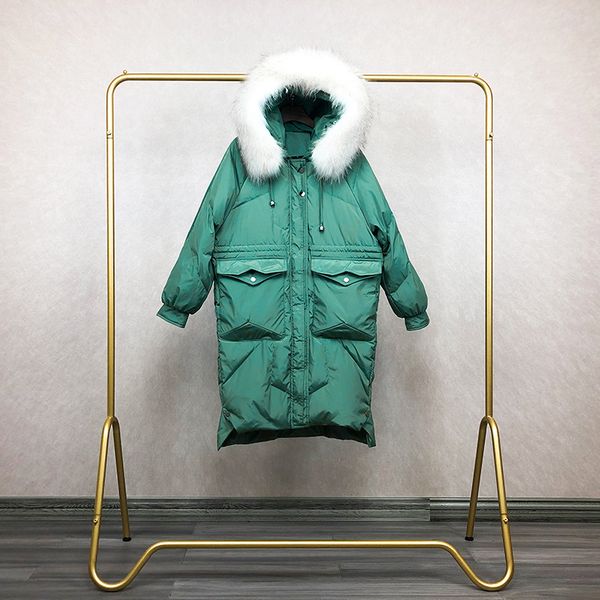 

2019 down jacket women's mid-length large size loose-fit fat mm new style thick korean-style large fur collar white duck down wi, Black;white