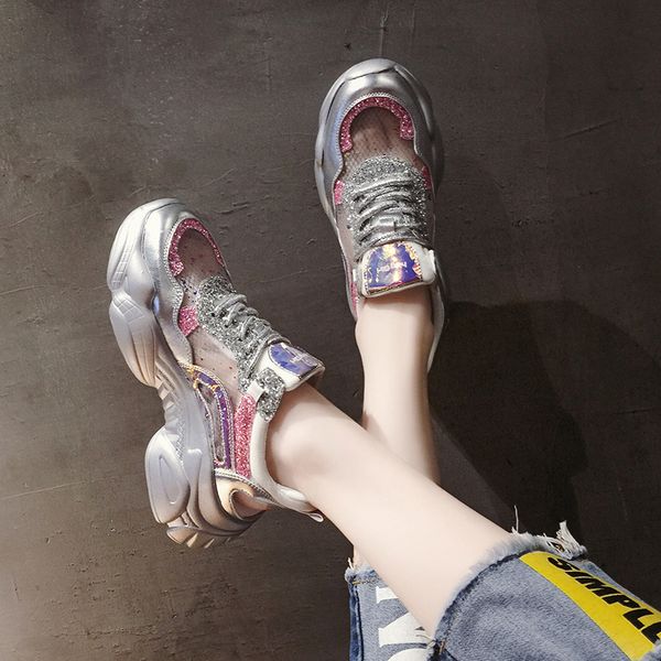 

sports new style women's ins fashion 2019 sequin sandals versatile sticky leather summer sticky leather hollow out thick bottome, Black