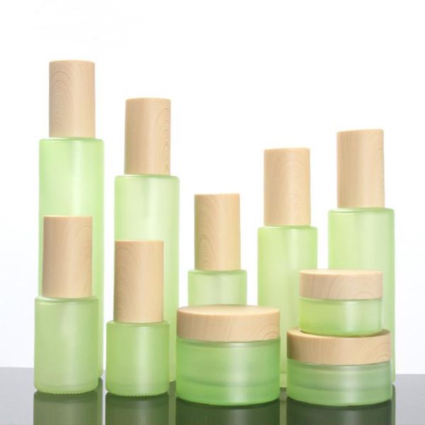 

20 30 60 80 100 120ml frosted green glass bottle perfume atomizer refillable empty spray bottle wood grain lids frost cream jar container